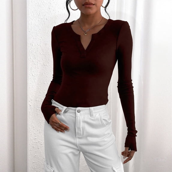 MVRLSH Long Sleeve Shirts For Women Long Sleeve V Neck Basic Slim Fit Crop Tops Fashionable Fall Casual Outfits Clothes Brown S-Xxl