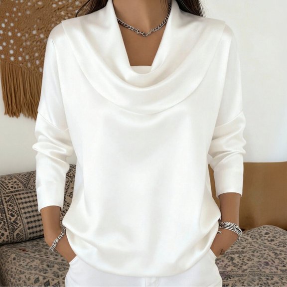 MVRLSH Long Sleeve Shirts For Women Mock Neck Pleated Front Long Sleeve Blended Fabric Casual Fall Fashion Blouse White S-Xxl