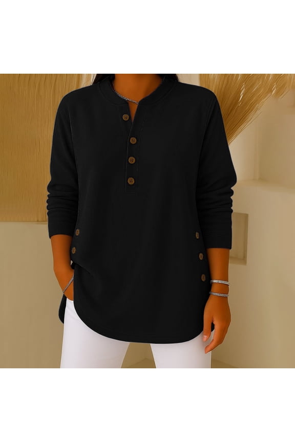 Long Sleeve Shirts For Women Reversible V Neck German Fleece Long Sleeve Button Pullover Casual Loose Top Black S-3Xl