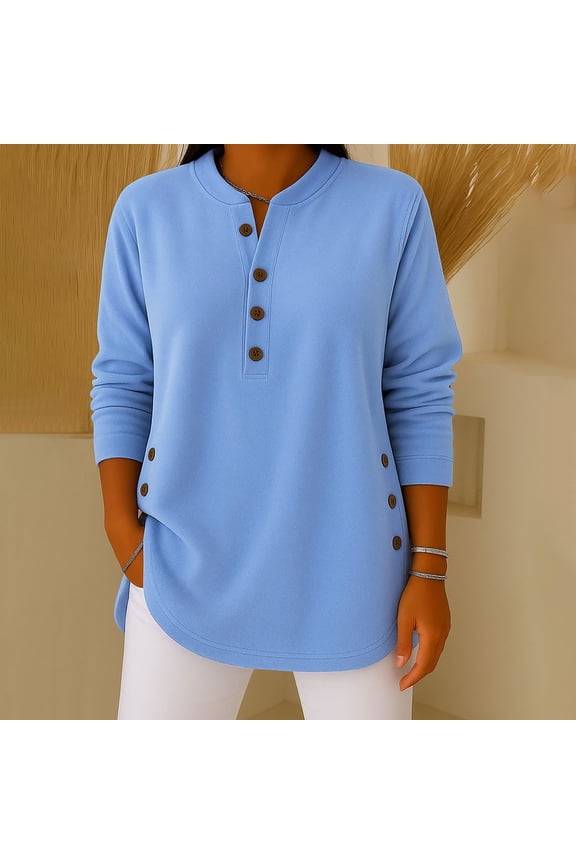 Long Sleeve Shirts For Women Reversible V Neck German Fleece Long Sleeve Button Pullover Casual Loose Top Blue S-3Xl