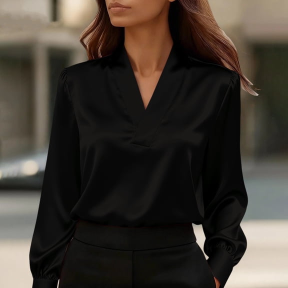 MVRLSH Long Sleeve Shirts For Women Satin Button Down Long Sleeve Comfortable Casual Blouse Stylish For Daily Wear Black S-Xxl