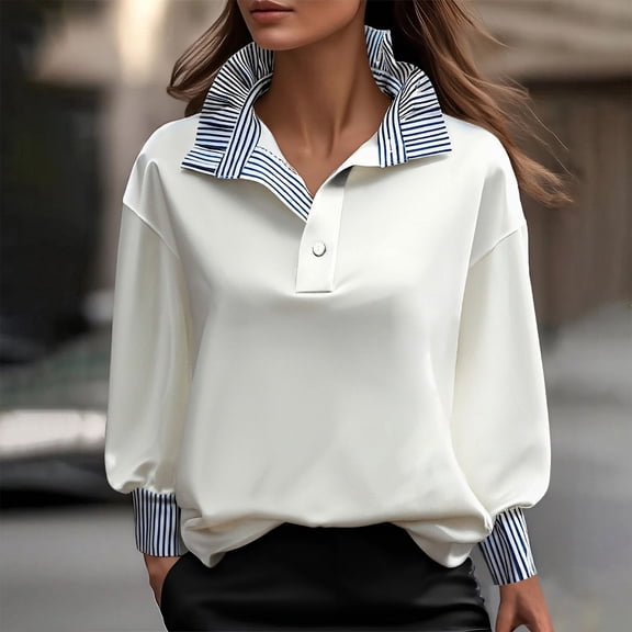 MVRLSH Long Sleeve Shirts For Women Stand Collar Long Sleeve Button Blouse Cotton Polyester Blend Ruffled Neckline Casual Feminine White S-Xxl