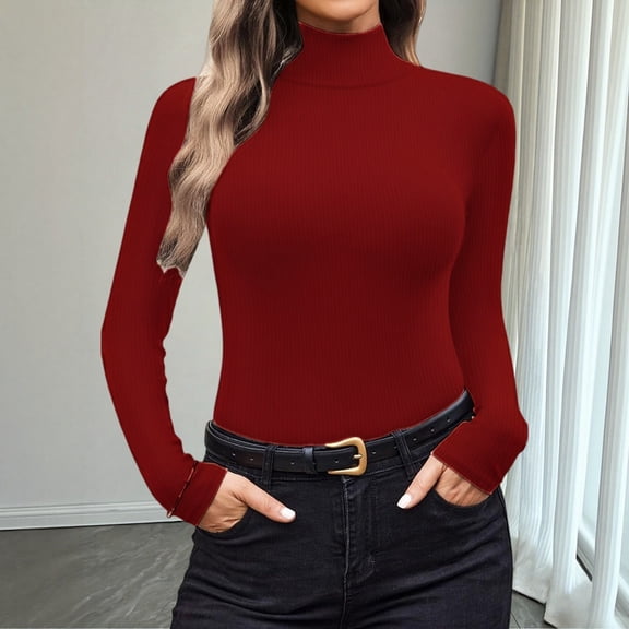 MVRLSH Long Sleeve Shirts For Women Turtleneck Long Sleeve Ribbed Basic Thermal Undershirt Soft Lightweight Layer Blouse Red S-Xxl