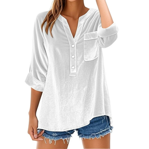 MVRLSH Long Sleeve Shirts For Women V Neck Long Sleeve Loose Fit Pocket Blouse Polyester Spandex Breathable For Work Travel Daily Wear White S-5Xl
