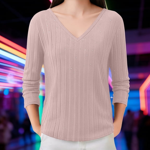 MVRLSH Long Sleeve Shirts For Women V Neck Real Sequin Glitter Warm Knitted Polyester Spandex Cozy Sweater For Winter Pink S-3Xl