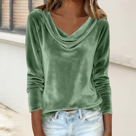 MVRLSH Long Sleeve Shirts For Women Velvet Cowl Neck Pleated Ruched Long Sleeve Elegant Fall Casual Blouse Tops Green S-3Xl