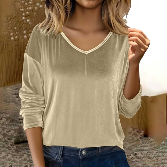 MVRLSH Long Sleeve Shirts For Women Velvet V Neck Long Sleeve Loose Fit Casual Cute Elegant Blouse Tops Shirts Beige S-3Xl