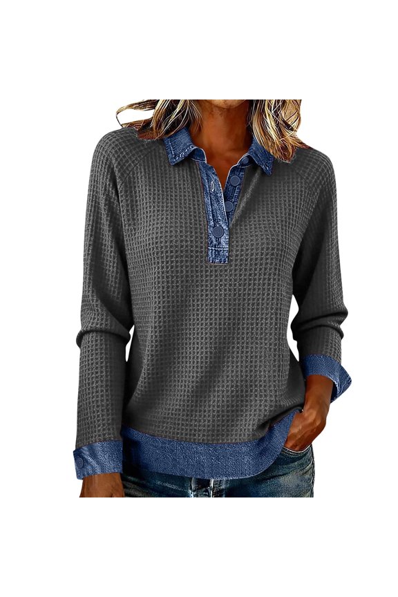 Long Sleeve Shirts For Women Women Long Sleeve Button Collared Denim Patchwork Knit Pullover Casual Spring Sweatshirt Top Gray S-Xxl
