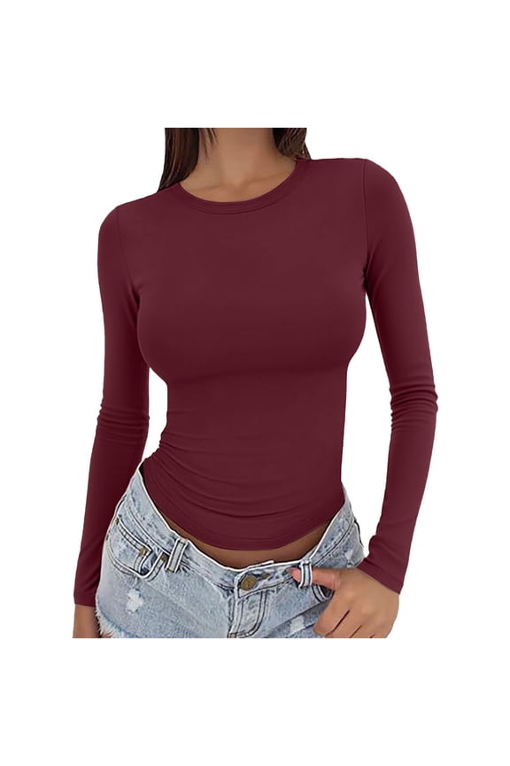 Long Sleeve Shirts For Women Women Outdoor Long Sleeve Round Neck Slim Polyester Spandex Basic Sports Layering Top Red Xs-Xl