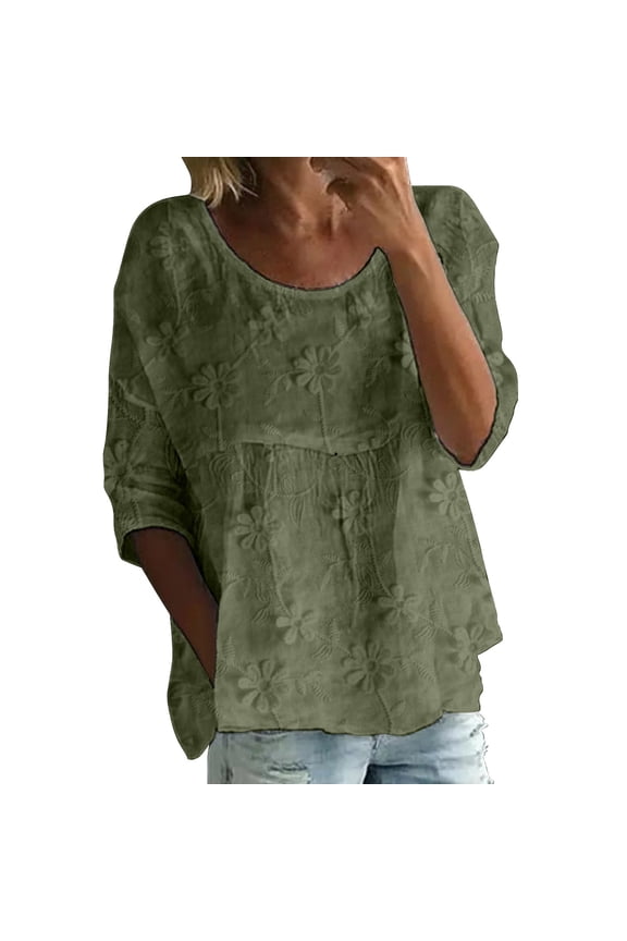 Long Sleeve Shirts For Women Women Round Neck Three Quarter Sleeve Printed Bubble Wrinkles Casual Loose Tee Top Black S-5Xl