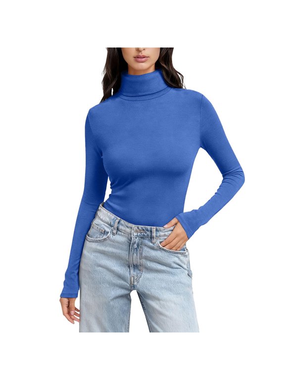 Long Sleeve Shirts For Women Women Solid Color High Neck Long Sleeve Crewneck Slim Fit Basic Rayon Spandex T Shirt Top Blue S-5Xl