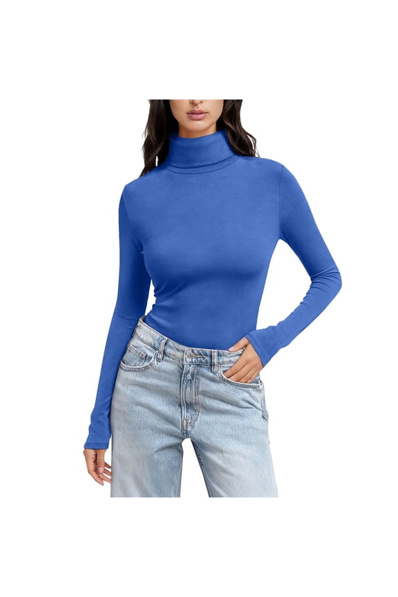Long Sleeve Shirts For Women Women Solid Color High Neck Long Sleeve Crewneck Slim Fit Basic Rayon Spandex T Shirt Top Blue S-5Xl