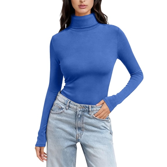 MVRLSH Long Sleeve Shirts For Women Women Solid Color High Neck Long Sleeve Crewneck Slim Fit Basic Rayon Spandex T Shirt Top Blue S-5Xl