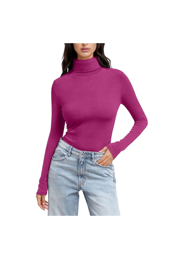 Long Sleeve Shirts For Women Women Solid Color High Neck Long Sleeve Crewneck Slim Fit Basic Rayon Spandex T Shirt Top Pink S-5Xl