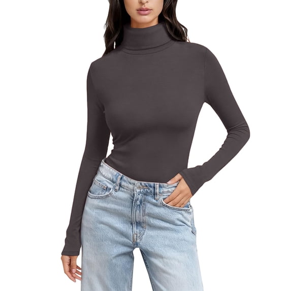 MVRLSH Long Sleeve Shirts For Women Women Solid Color High Neck Long Sleeve Crewneck Slim Fit Basic Rayon Spandex T Shirt Top Purple S-5Xl