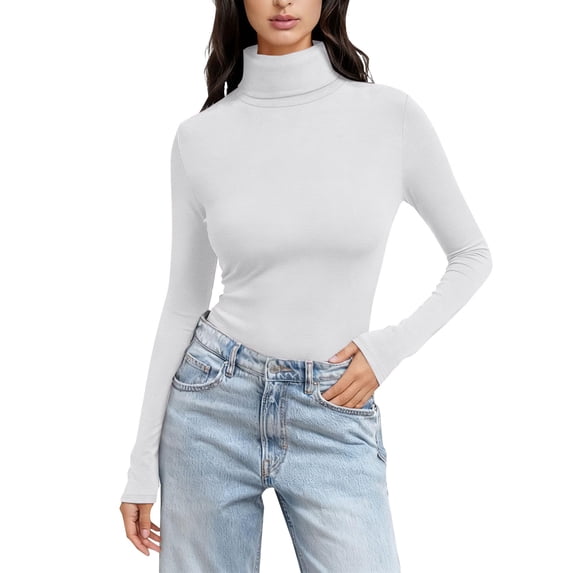 MVRLSH Long Sleeve Shirts For Women Women Solid Color High Neck Long Sleeve Crewneck Slim Fit Basic Rayon Spandex T Shirt Top White S-5Xl