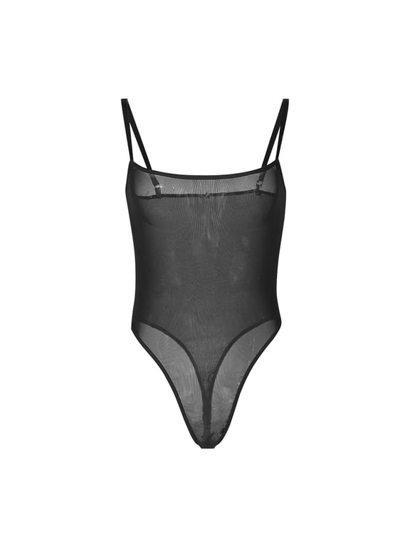 Nightgowns for Women Breathable Comfor table Mesh Spaghetti Strap Bodysuit See Through Tight Fit Lightweight Layering Nightwear Club Wear Blend Panties Black - M