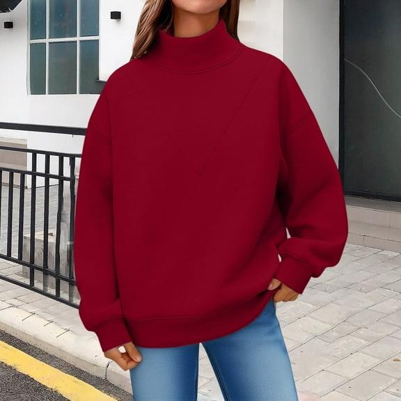 MVRLSH Oversized Sweatshirt For Women Oversized Mock Neck Pullover Long Sleeve Fall Fleece Lined Soft Polyester Red M-3Xl