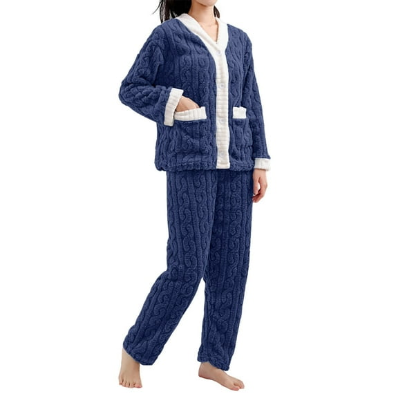 MVRLSH Pajamas For Women Set Coral Velvet Fleece Soft Warm Comfortable Pullover Top Sleep Pants Pajama Set Loungewear Blue One Size