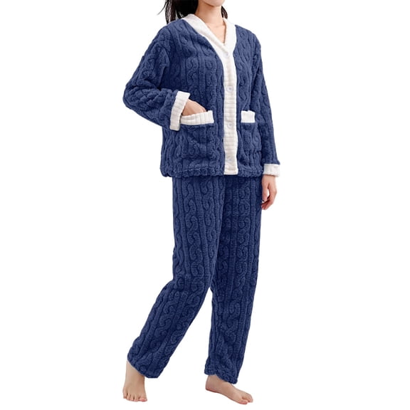 MVRLSH Pajamas For Women Set Coral Velvet Fleece Soft Warm Comfortable Pullover Top Sleep Pants Pajama Set Loungewear Blue One Size