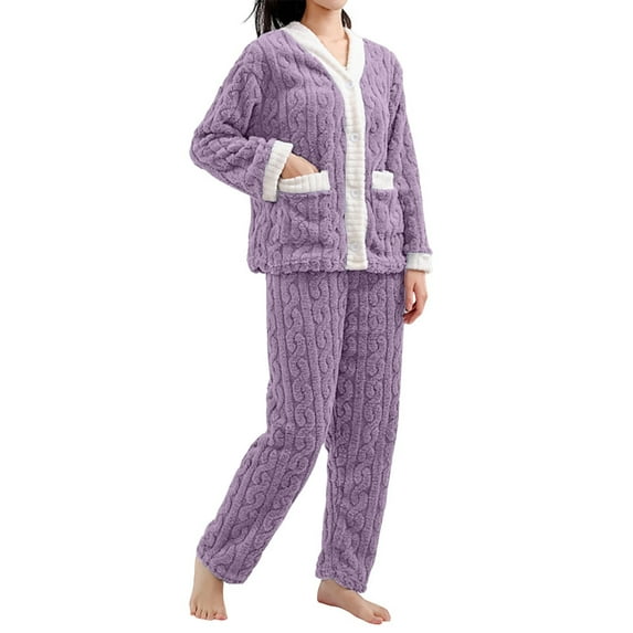 MVRLSH Pajamas For Women Set Coral Velvet Fleece Soft Warm Comfortable Pullover Top Sleep Pants Pajama Set Loungewear Purple One Size