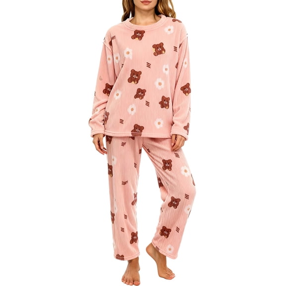 MVRLSH Pajamas For Women Set Fall Winter Thickened Warm Flannel Set Coral Fleece Long Sleeve 2 Piece Cozy Sleepwear For Cold Nights Pink M-Xxl
