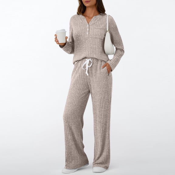 MVRLSH Pajamas For Women Set Knit Fabric 2 Piece Fall Outfits Neck Sweater Matching Suits Soft Adjustable Waist Loungewear Set Yellow S-Xxl