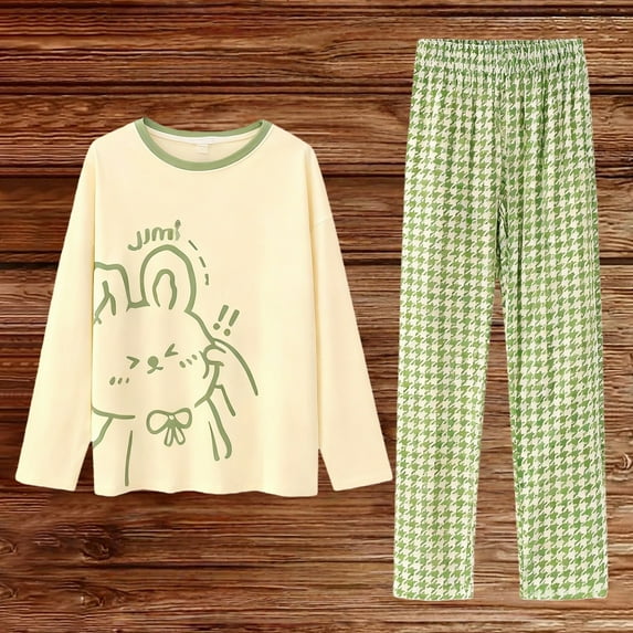 MVRLSH Pajamas For Women Set Printed Fleece Soft Warm Long Sleeve V-Neck Top Plaid Pants With Pockets Pajama Set Loungewear Green M-5Xl