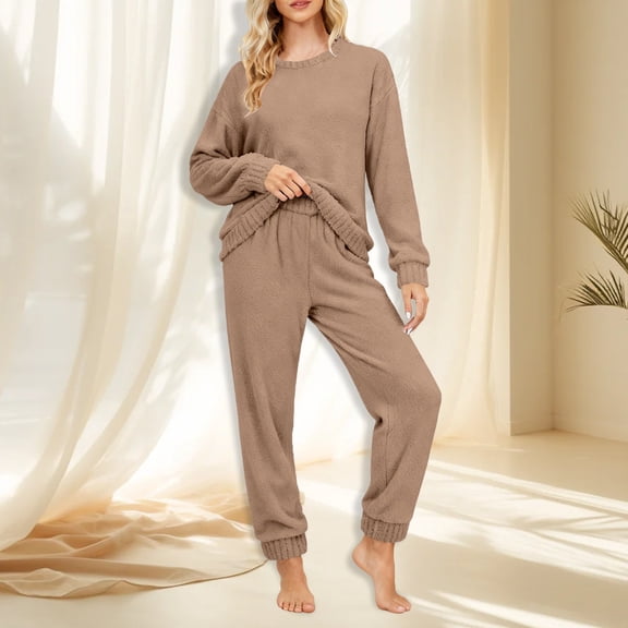 MVRLSH Pajamas For Women Set Pure Color Autumn Winter Soft Fleece Pajama Set Warm High End Home Wear Cozy Skin-Friendly Brown M-Xxl