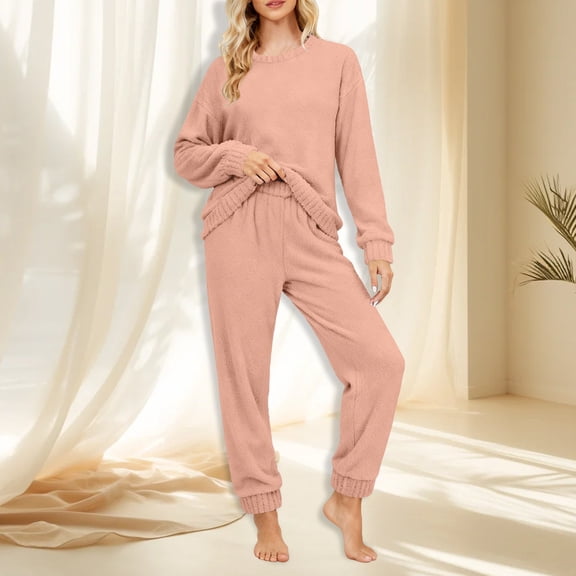 MVRLSH Pajamas For Women Set Pure Color Autumn Winter Soft Fleece Pajama Set Warm High End Home Wear Cozy Skin-Friendly Pink M-Xxl