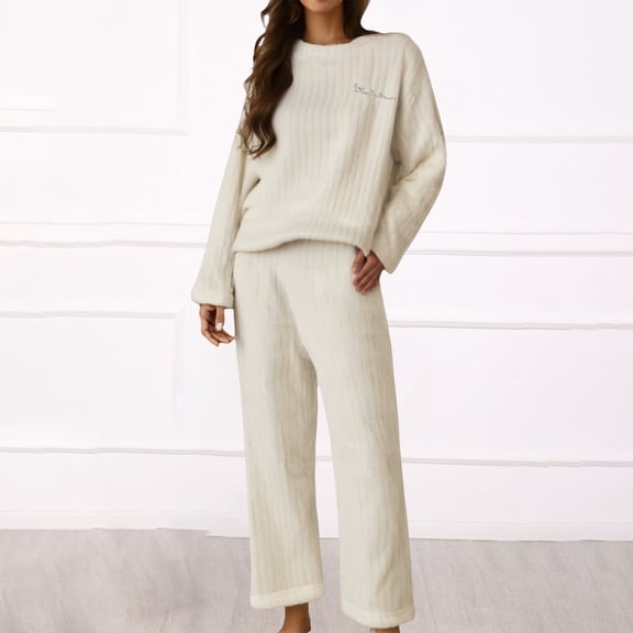 MVRLSH Pajamas For Women Set Winter Coral Fleece Thickened Flannel Set Maximum Warmth Soft Cozy Full Coverage Loungewear White M-Xxl