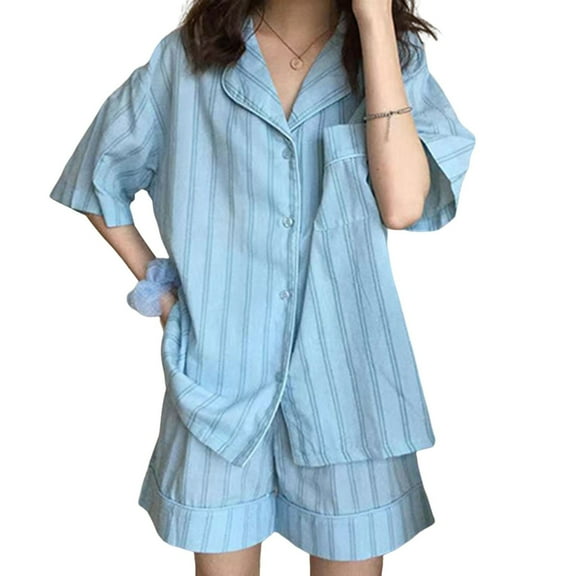MVRLSH Pajamas for Women Set Korean Style Striped Contrast Color Single Breasted Turn Down Collar Sleeping Short Sleeves Night Clothes Cute Pajamas