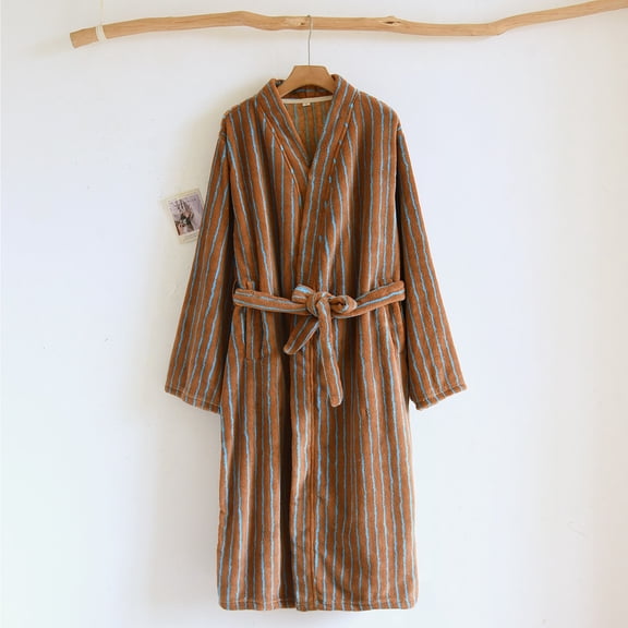 MVRLSH Robes For Women Autumn Winter Thickened Coral Fleece Long Bathrobe Striped Shawl Collar Spacious Pockets Warm Comfortable Brown M-L
