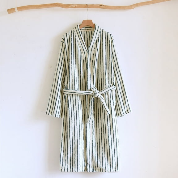 MVRLSH Robes For Women Autumn Winter Thickened Coral Fleece Long Bathrobe Striped Shawl Collar Spacious Pockets Warm Comfortable Green M-L