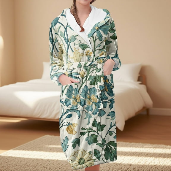 MVRLSH Robes For Women Fleece Plush Long Warm Robe Printed Comfort Bathrobe Loungewear Jacket Soft Skin-Friendly Roomy Green M-3Xl