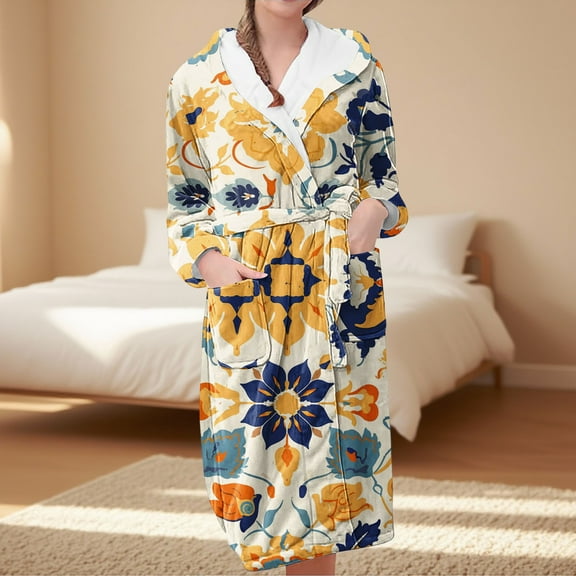 MVRLSH Robes For Women Warm Fleece Plush Robe Long Sleeve Printed Bathrobe Loungewear With Pockets Classic Elegant Red M-3Xl