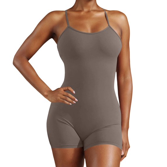 MVRLSH Shapewear Tummy Control Sleeveless V Back Backless Stretchy Workout Yoga One Piece Jumpsuit Body Shaper Shorts for Women Brown - M