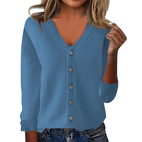 MVRLSH Women's Oversized Sweaters for Women Button Down V Neck Pocket Lightweight Open Front Knit Jacket Fall Fashion Tops Cardigan Sweater Blue - M