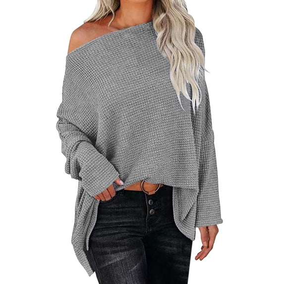 MVRLSH Women's Oversized Sweaters for Women Off Shoulder Long Sleeve Loose Knit Pullover Jumper Fall Fashion Tops Cardigan Sweater Gray - XL