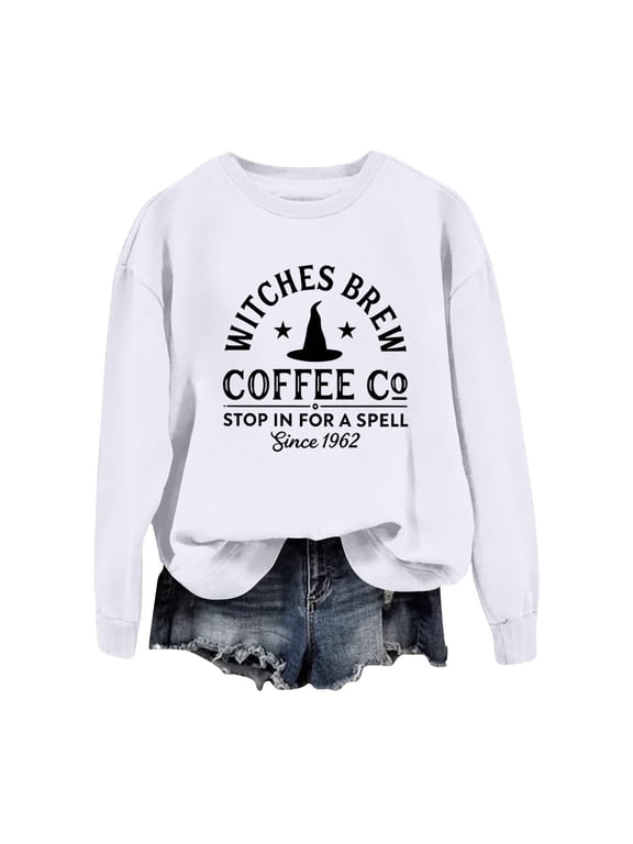 Women's Sweatshirt Crew Neck Witches Brew Coffee Graphic Long Sleeve Pullover - L