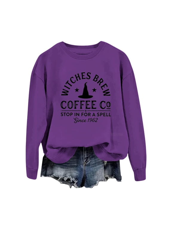 Women's Sweatshirt Crew Neck Witches Brew Coffee Graphic Long Sleeve Pullover - M