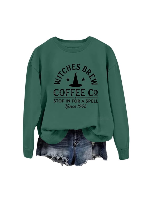 Women's Sweatshirt V-Neck Brew Coffee Pumpkin Graphic Long Sleeve Pullover - M