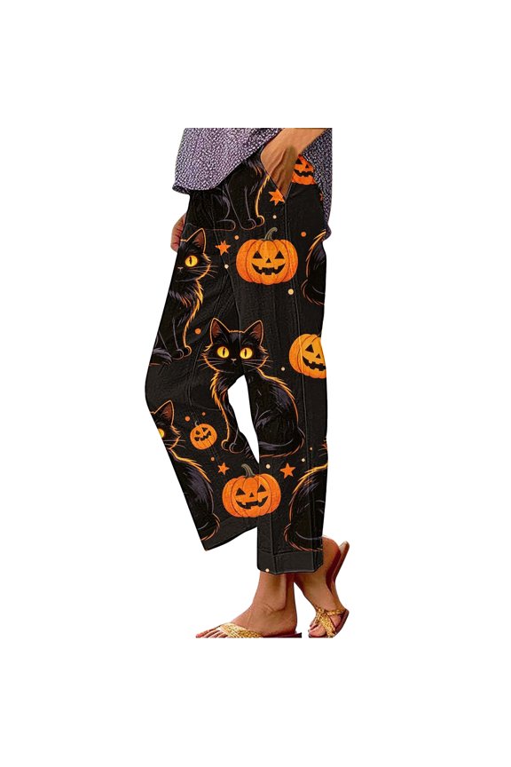 Women's Wide Leg Pants Gradient Elastic Waist Nine Inch Loose Trousers Decorated With Button Side Pocket Details Stretch Dress Casual Flowy Palazzo Pants Black - M