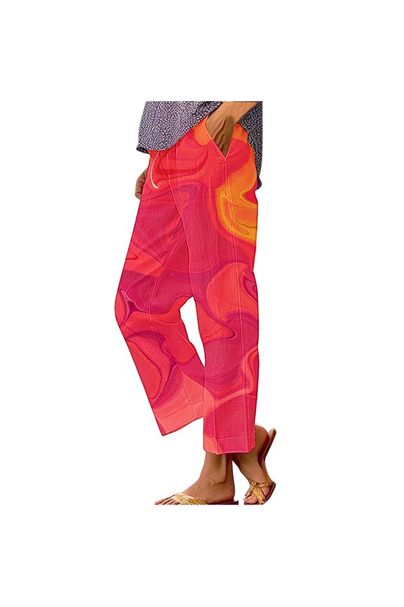 Women's Wide Leg Pants Gradient Elastic Waist Nine Inch Loose Trousers Decorated With Button Side Pocket Details Stretch Dress Casual Flowy Palazzo Pants Red - M