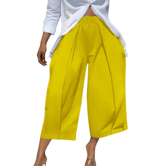 MVRLSH Women's Wide Leg Pants Lightweight Loose Pleated Cropped High Waist Culotte Trousers for Daily Relaxed Outfits Stretch Dress Casual Flowy Palazzo Pants Yellow - L