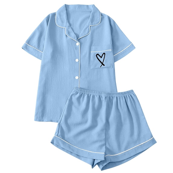 MVRLSH Womens Lounge Pajama Sets Heart Print Button Front Short Sleeve Shirt Matching Short Two Piece Summer Soft Comfortable Tank Tops Blue Size XL