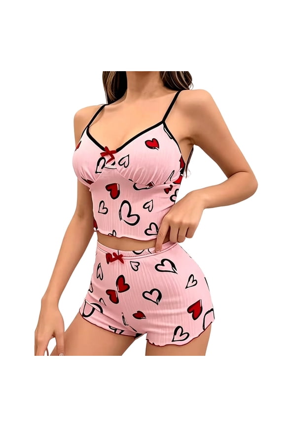 Womens Lounge Pajama Sets Heart Print Short Two Piece Casual Night wear Soft Comfortable Tank Tops Pink Size M