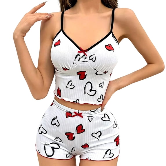 MVRLSH Womens Lounge Pajama Sets Heart Print Short Two Piece Casual Night wear Soft Comfortable Tank Tops White Size XXL