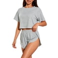 thumbnail image 1 of MVRLSH Womens Lounge Pajama Sets Striped Print Short Sleeve Tee Side Split Short Two Piece Summer Soft Comfortable Tank Tops Gray Size L, 1 of 7