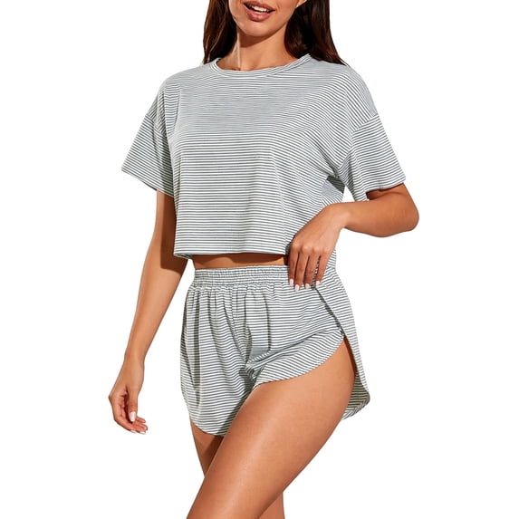 MVRLSH Womens Lounge Pajama Sets Striped Print Short Sleeve Tee Side Split Short Two Piece Summer Soft Comfortable Tank Tops Gray Size M